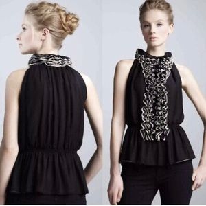 ROBERT RODRIGUEZ TWO TONE SHEER CHIFFON SLEEVELESS RUFFLE PEPLUM BLOUSE
